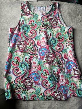 Pappagallo Multicolor Spring Summer Paisley Print Top - White, Pink, Green, Blue
